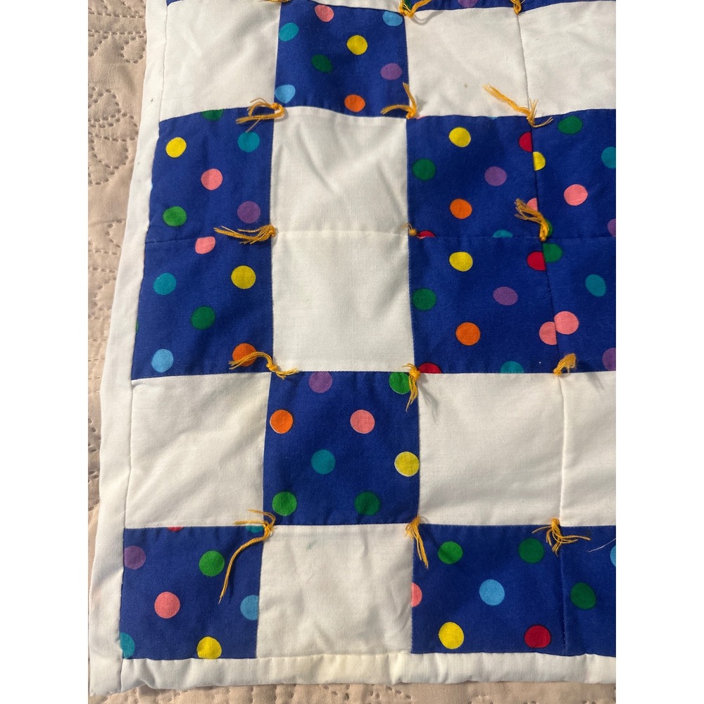 Handmade Patchwork Baby Quilt Blue Polka Dot Hand Tied Nursery Blanket 26x34 - Picture 2 of 8